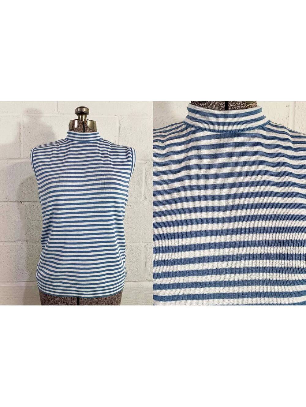 Striped Top Mockneck Sleeveless Tank Mod Blue White Stripe Knit 1960s Large XL